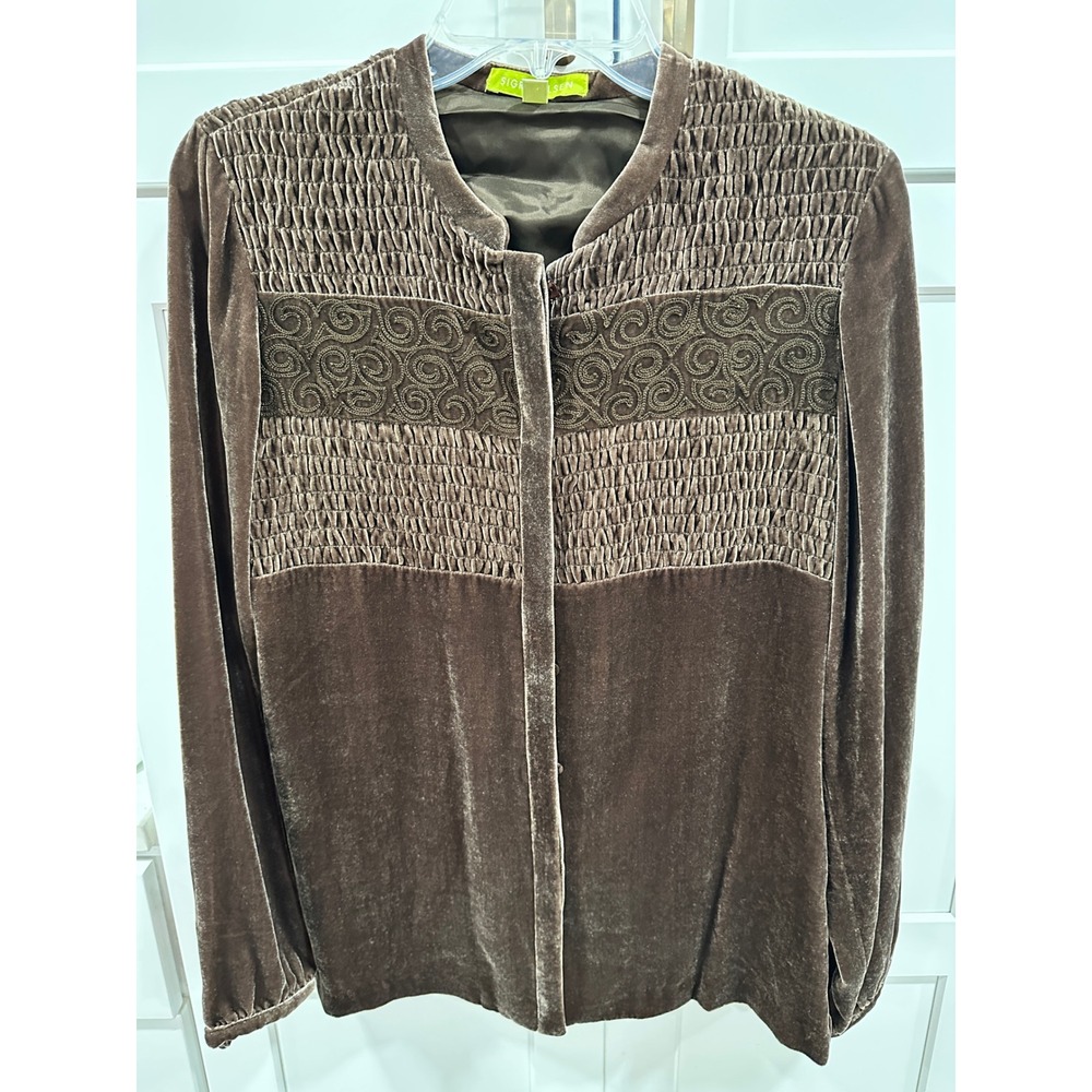 Sigrid‎ Olsen Brown Velvet Smocked Embroidered Top Mandarin Collar Size 8